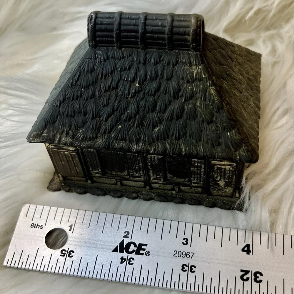 Antique Japanese Metal Trinket Box Thatched Roof Cottage Minka Made in Japan 579